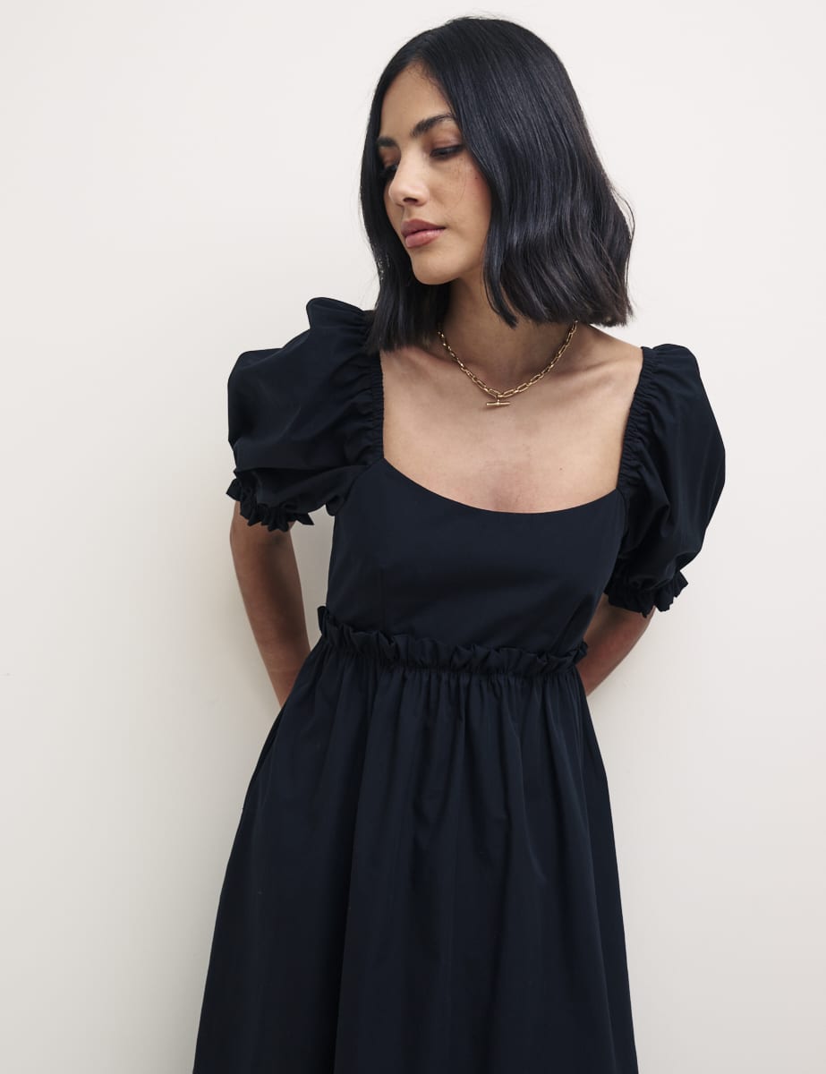 Black Puff Sleeve Ginger Midi Dress