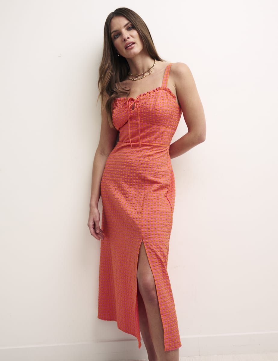 Pink and Orange Check Sweetheart Lucia Midi Dress