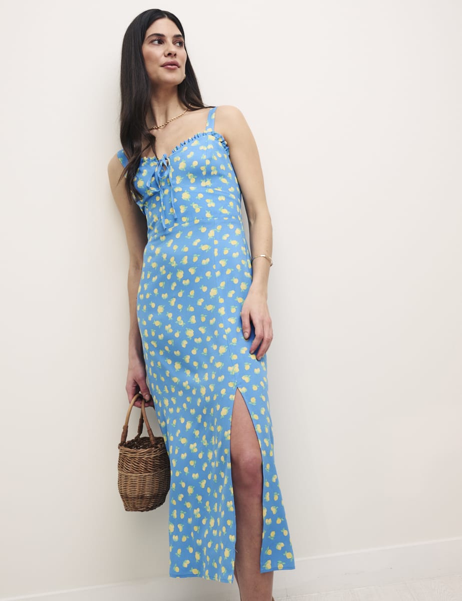 Blue Sicilian Lemon Print Lucia Midi Dress