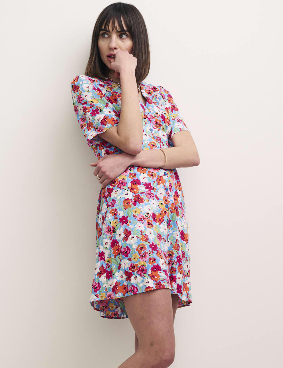 Blue Ditsy Floral Alexa Mini with Shirring Tea Dress