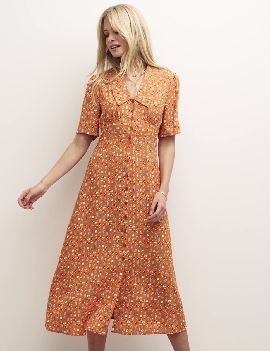 Orange Pinstripe Floral Daisy Midi Dress