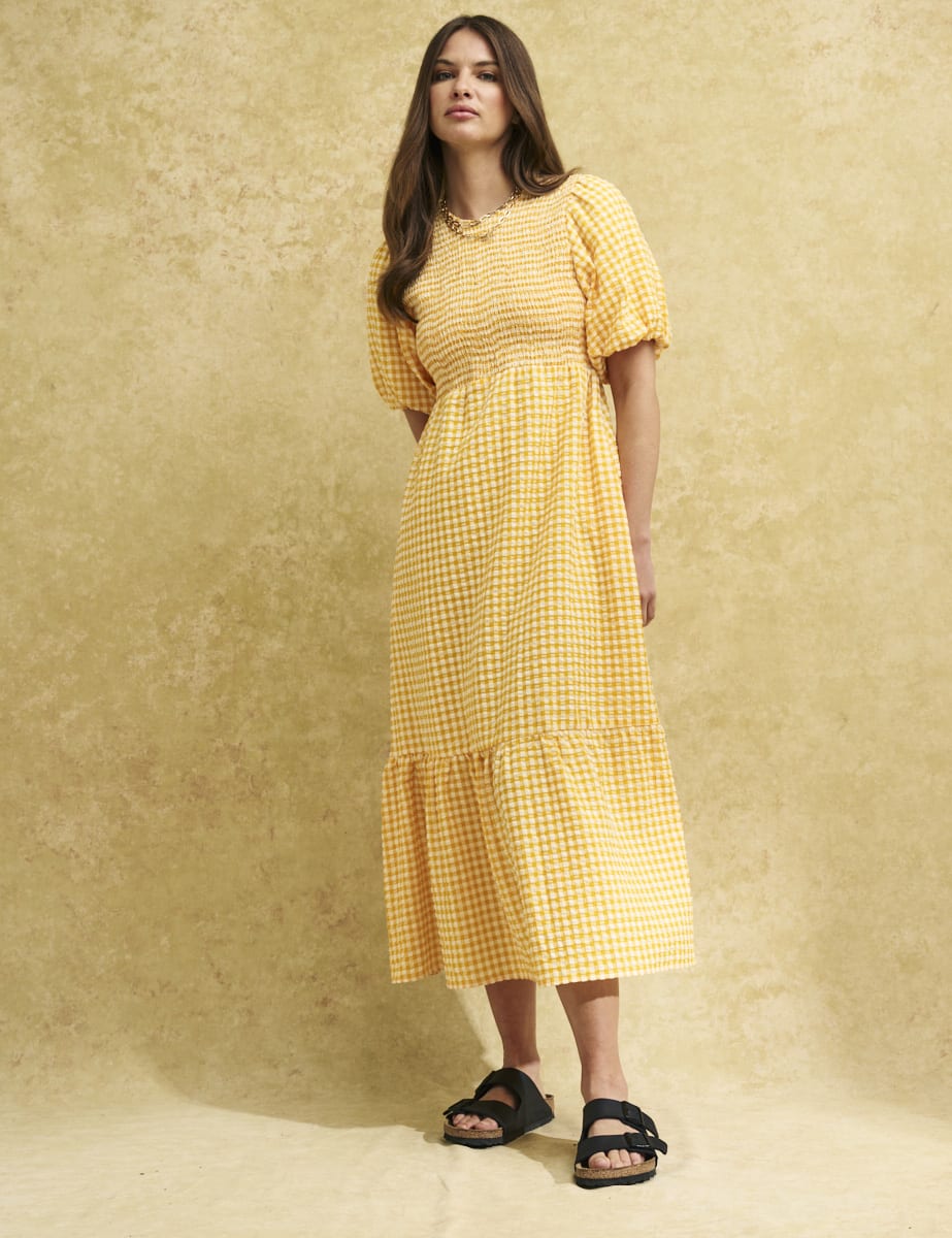 Yellow Gingham Check Kelsie Smock Midi Dress