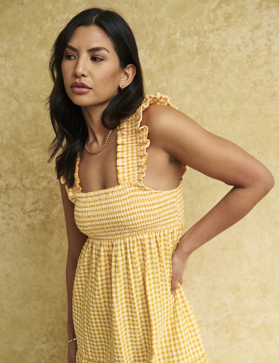 Yellow Gingham Check Maya Smock Midi Dress