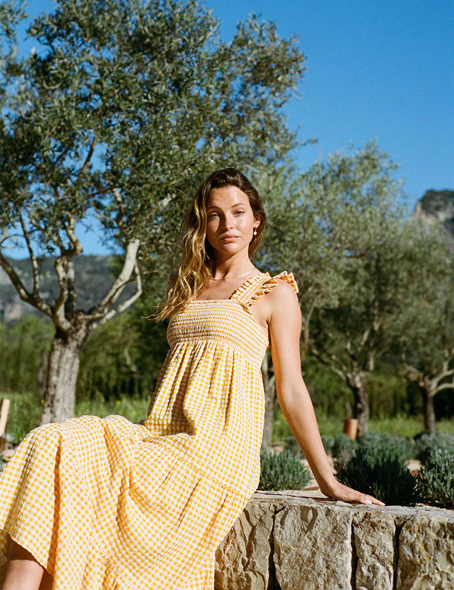 Yellow Gingham Check Maya Smock Midi Dress