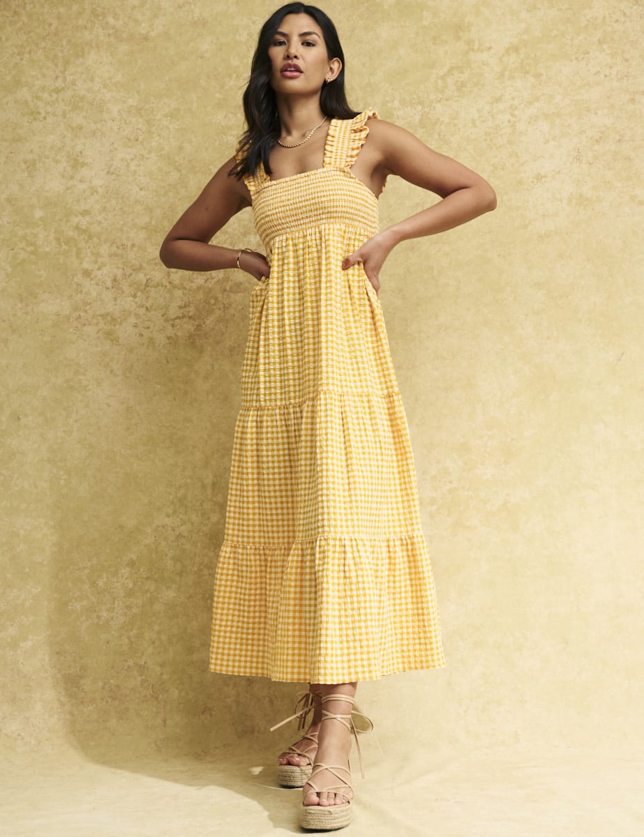 Yellow Gingham Check Maya Smock Midi Dress