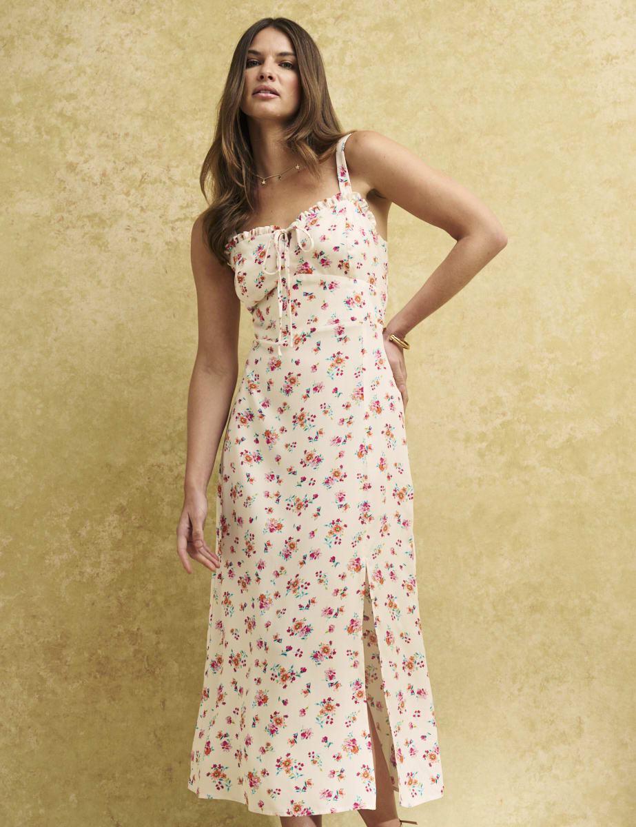 White Ditsy Floral Sweetheart Lucia Midi Dress