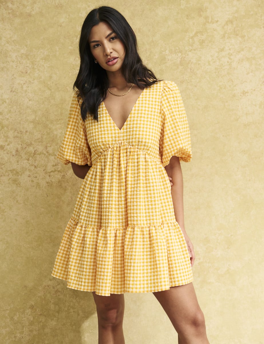 Yellow Gingham Check Vienna Mini Dress