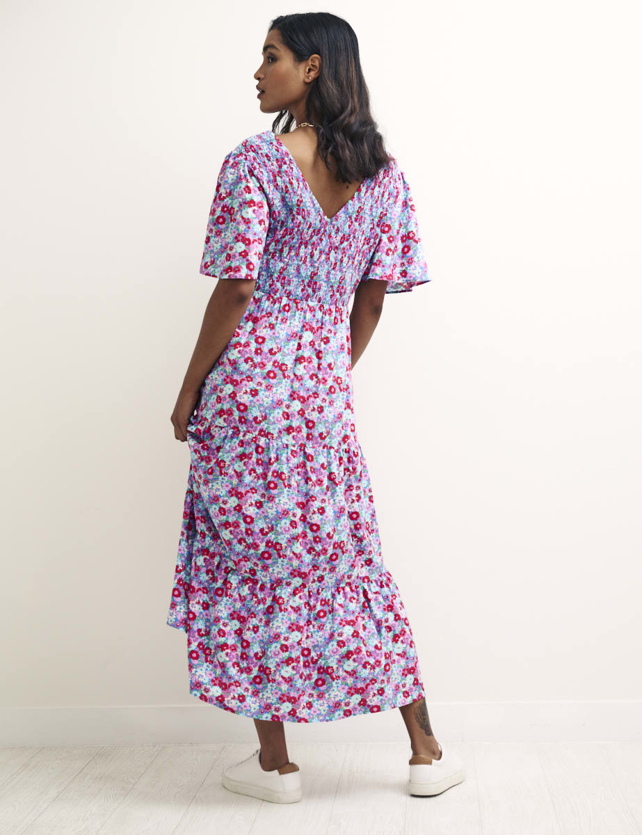 Blue Floral Shirred V-Neck May Midi Dress