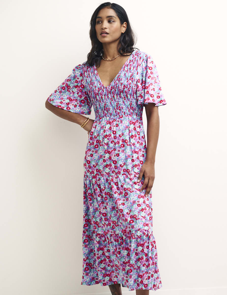 Blue Floral Shirred V-Neck May Midi Dress