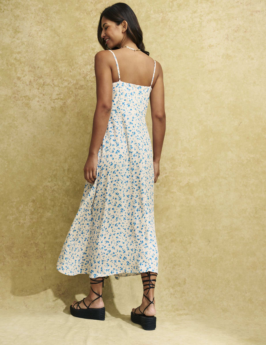 White Ditsy Blue Floral Pipin Midi Dress