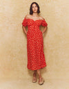 Red Ditsy Floral Bardot Genevieve Midi Dress