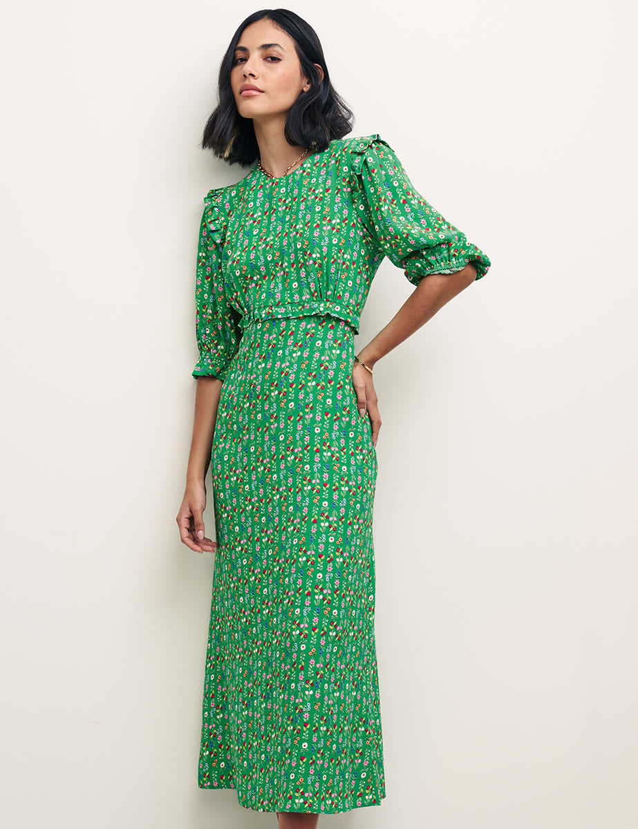 Green Floral Stripe Felicia Midi Dress