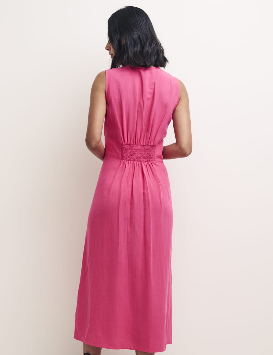 Pink Linen-blend Sandra Midi Dress