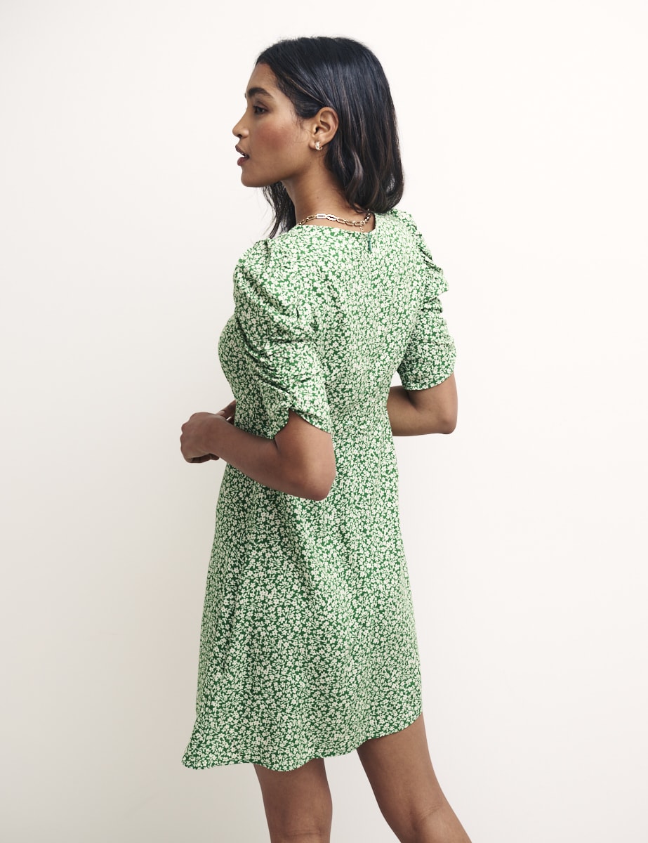 Green Floral Ruched Sleeve Evie Mini Dress