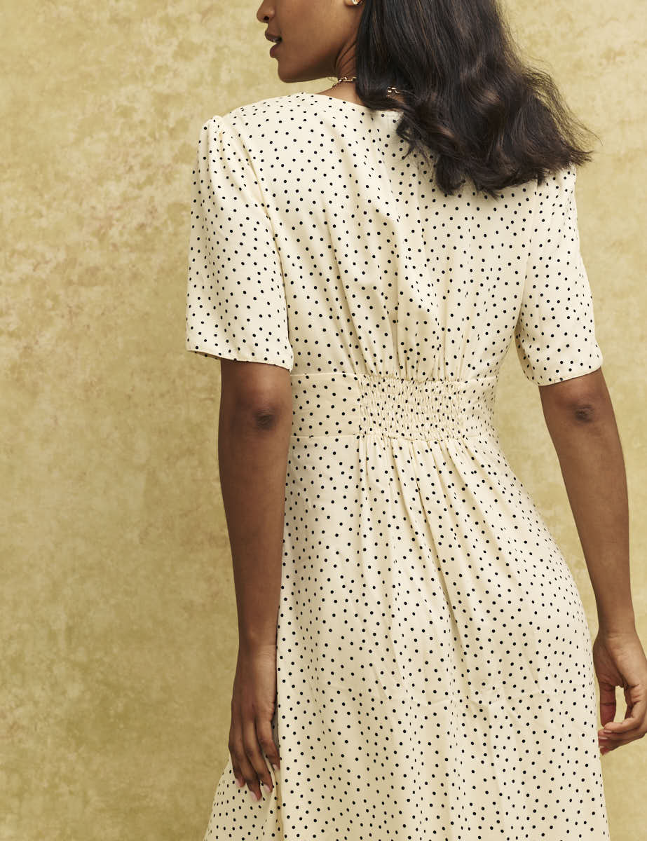 Petite Cream Spot Alexa Midi Tea Dress with Shirring