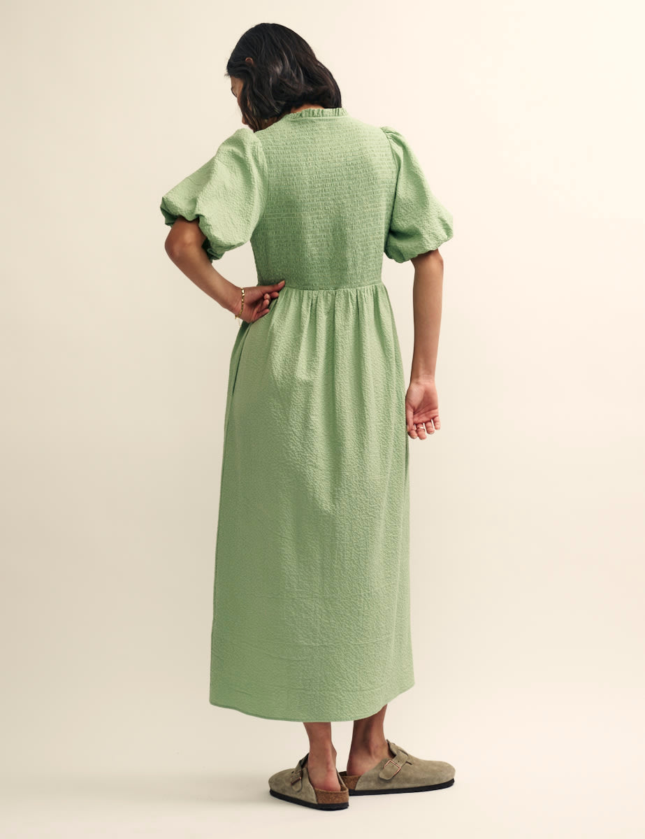 Sage Green Shirred Bodice Leiza Midi Dress