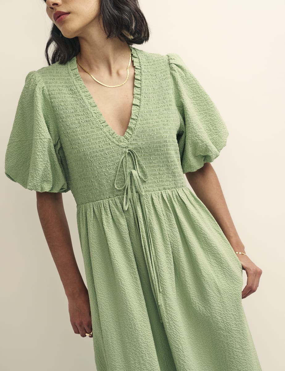 Sage Green Shirred Bodice Leiza Midi Dress