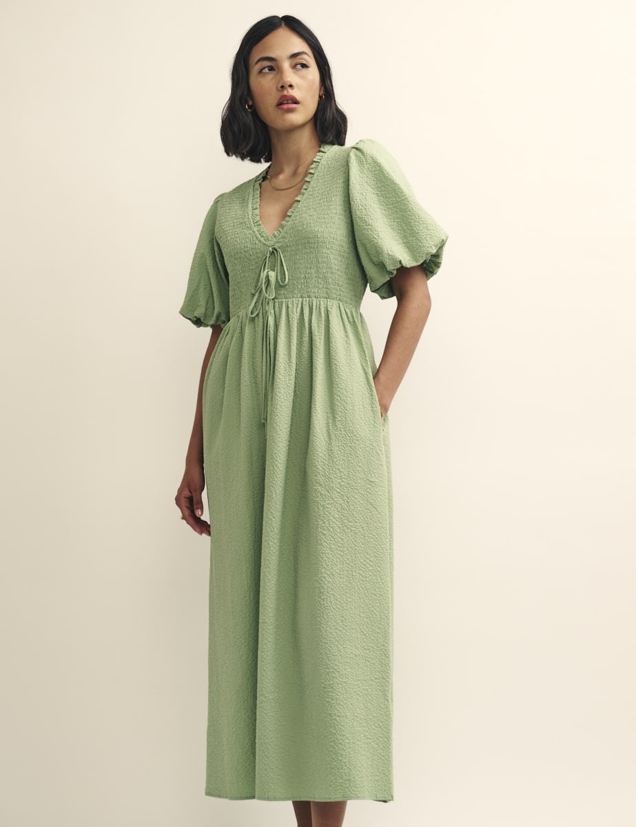 Sage Green Shirred Bodice Leiza Midi Dress