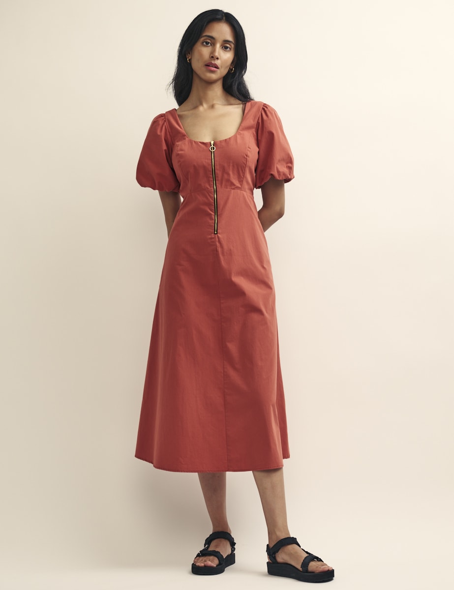 Terracotta Zip Front Gwen Midi Dress