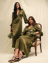 Olive Green Satin Lace Trim Nessy Bridesmaid Midaxi Dress