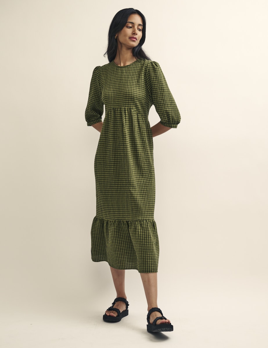 Petite Khaki Green Gingham Check Rachel Midi Dress