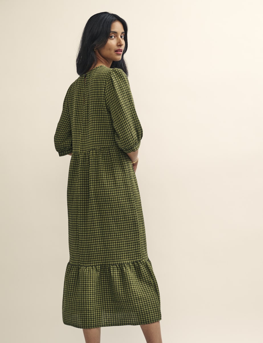 Khaki Green Gingham Check Rachel Midi Dress