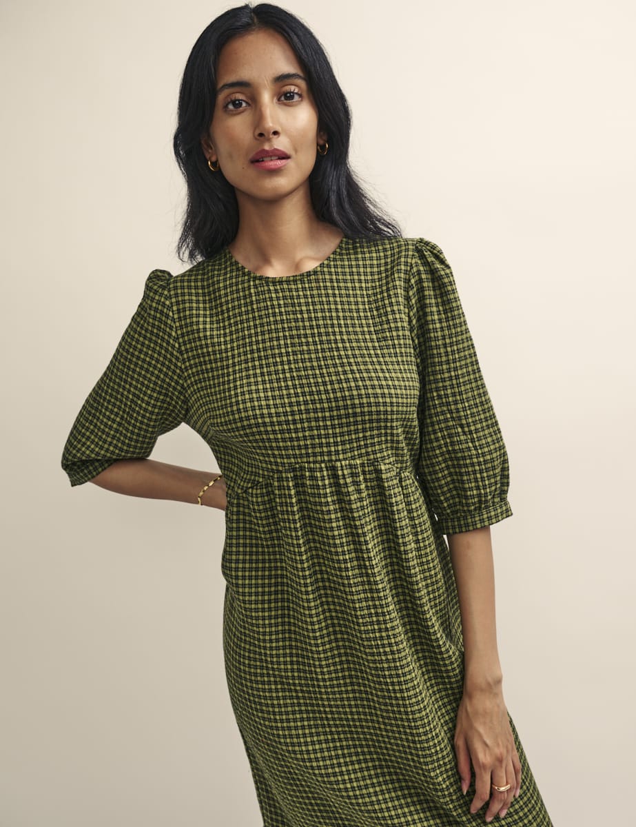 Khaki Green Gingham Check Rachel Midi Dress