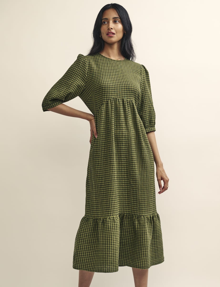 Khaki Green Gingham Check Rachel Midi Dress