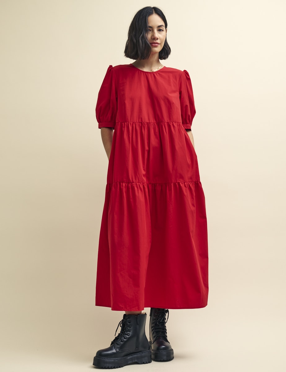 Red Rochelle Smock Midi Dress