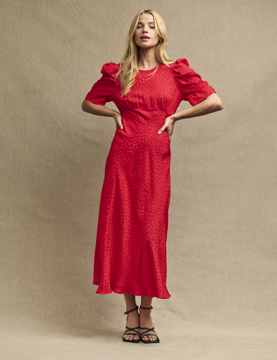 Red Satin Jacquard Moira Midi Dress