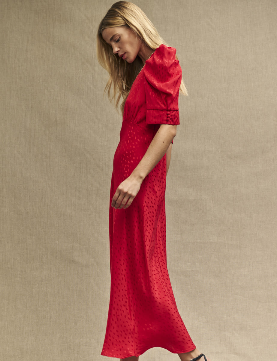 Red Satin Jacquard Moira Midi Dress