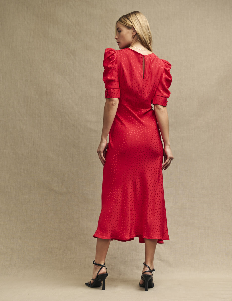 Red Satin Jacquard Moira Midi Dress