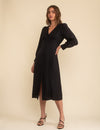 Black Satin Jacquard V-Neck Tasha Midi Dress