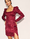 Burgundy Satin Jacquard Valentina Long Sleeve Mini Dress