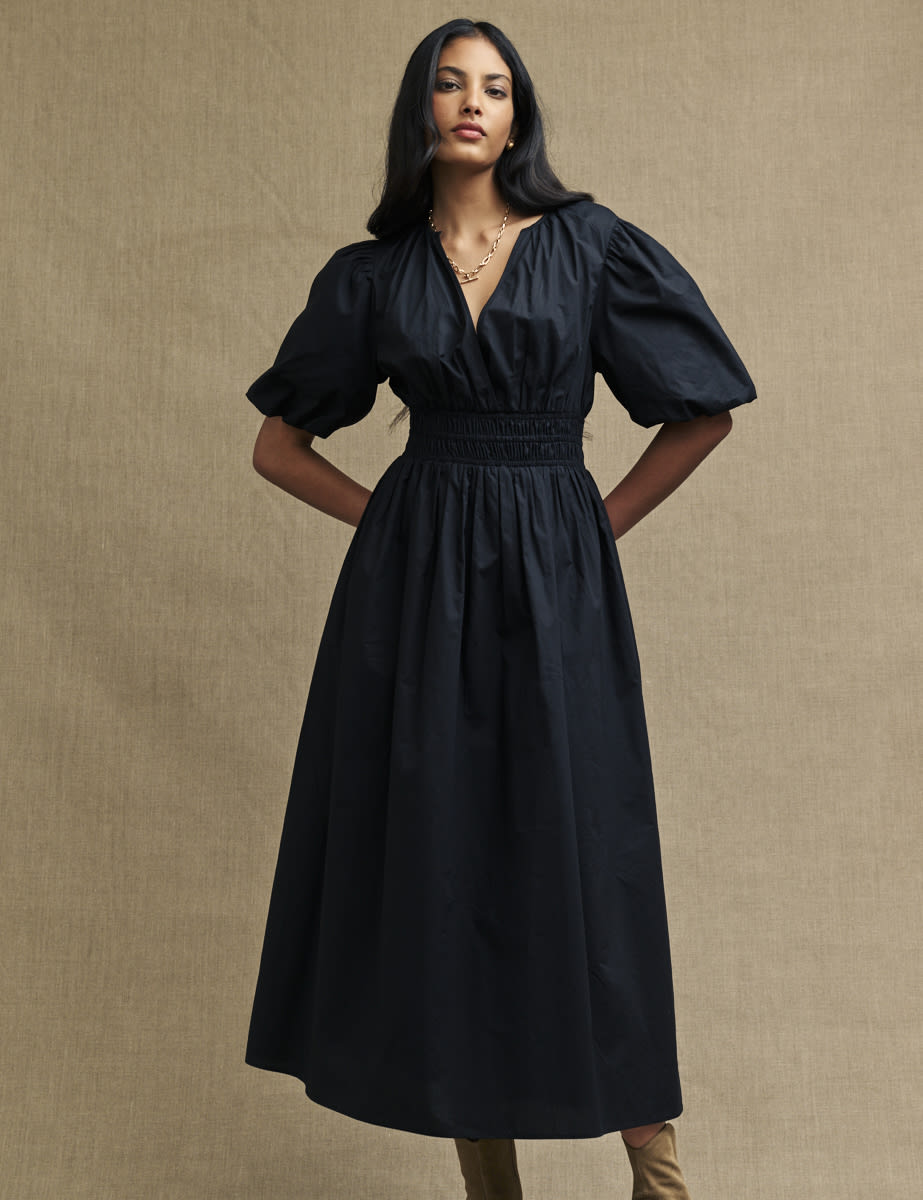 Black Puff Sleeve Athene Midi Dress