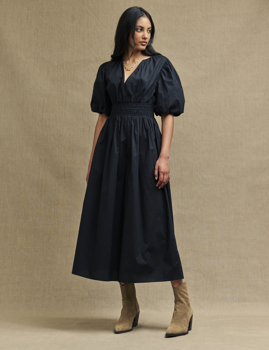 Black Puff Sleeve Athene Midi Dress