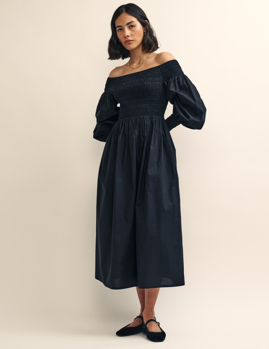 Black Long Sleeve Bardot Amanda Midi Dress