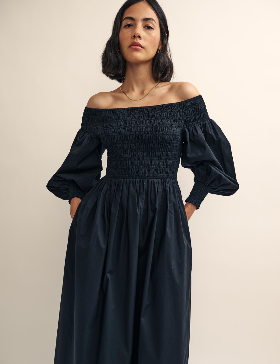 Black Long Sleeve Bardot Amanda Midi Dress