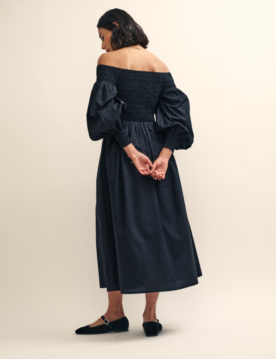 Black Long Sleeve Bardot Amanda Midi Dress