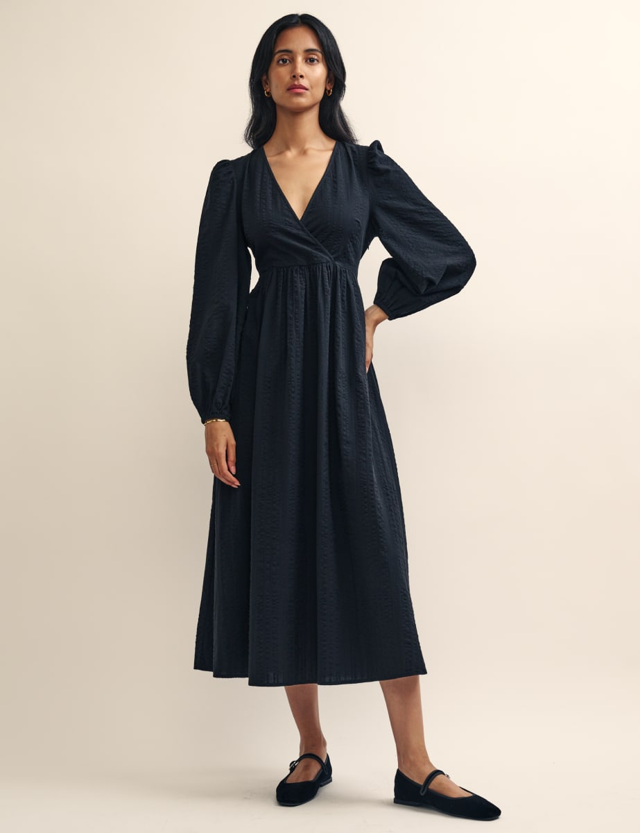 Black Martha Wrap Midi Dress