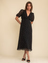 Black Spot Print Chiffon Wrap Molly Midi Dress