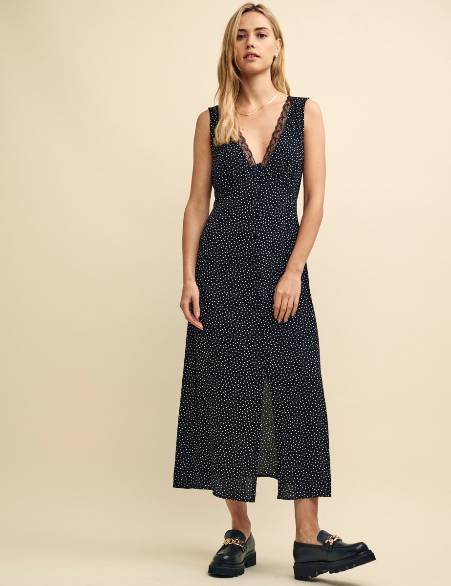 Black Spot Print Lace Trim Joni Midi Dress