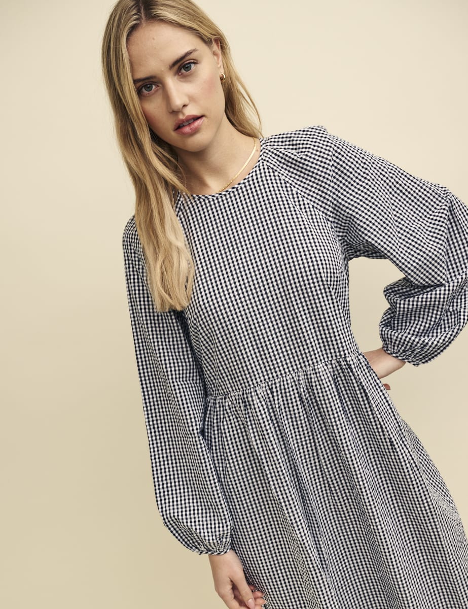 Black Gingham Check Issy Midi Smock Dress