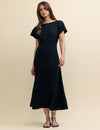 Black Satin Jacquard Selma Midi Dress