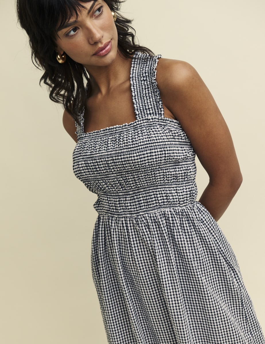 Black Gingham Smock Joy Midi Dress