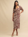 Brown Swirl Print Linen-blend Heidi Midi Dress