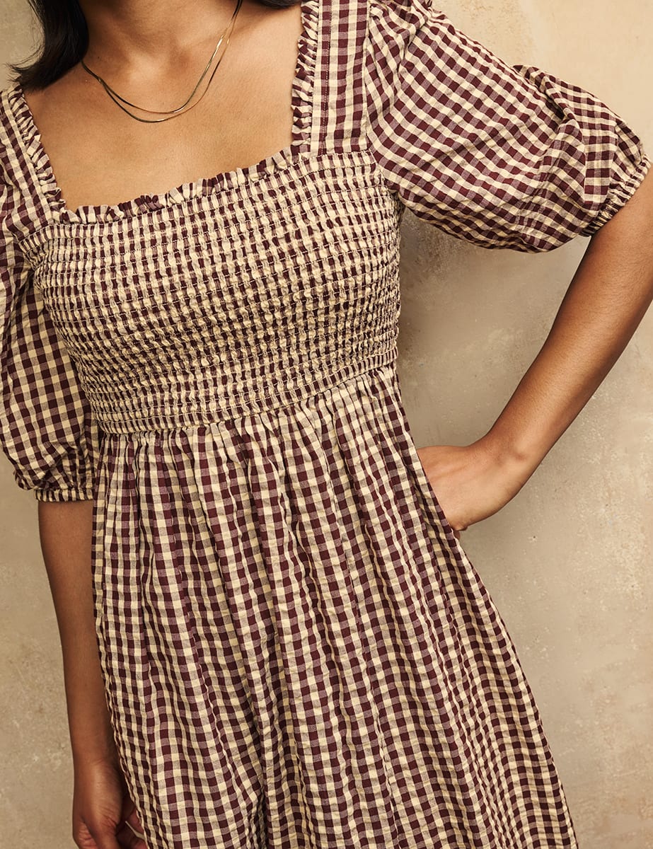 Petite Brown Gingham Check Elsa Midi Dress