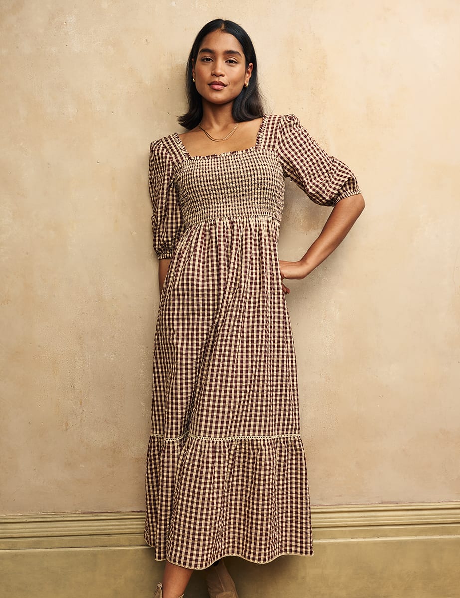 Petite Brown Gingham Check Elsa Midi Dress