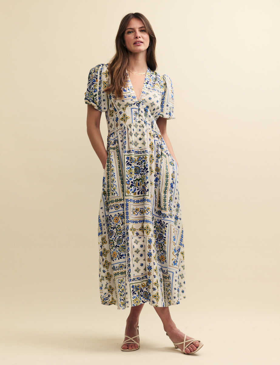 Petite Cream Tile Print Starlight Midi Dress