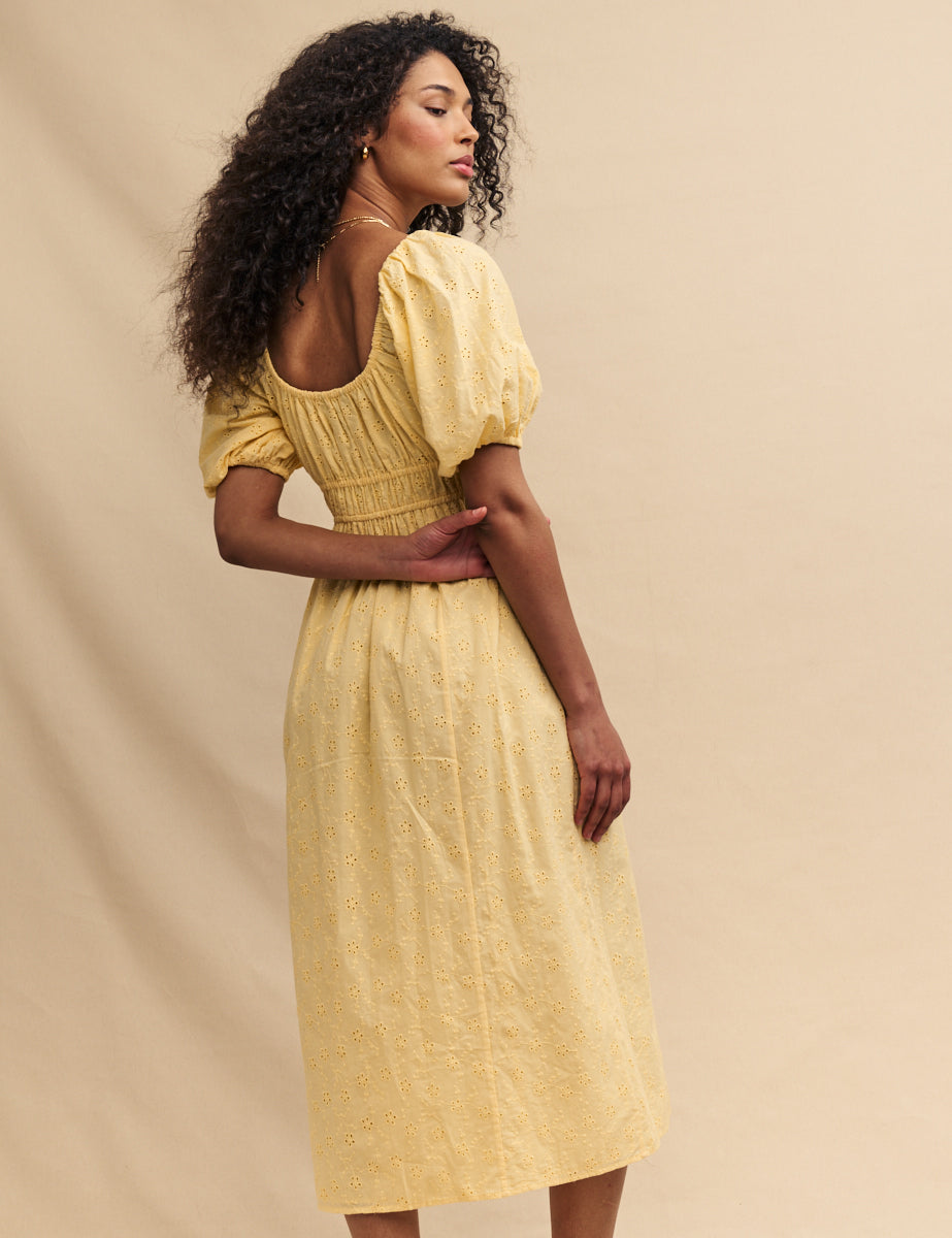 Yellow Broderie Anglaise Evelyn Midi Dress